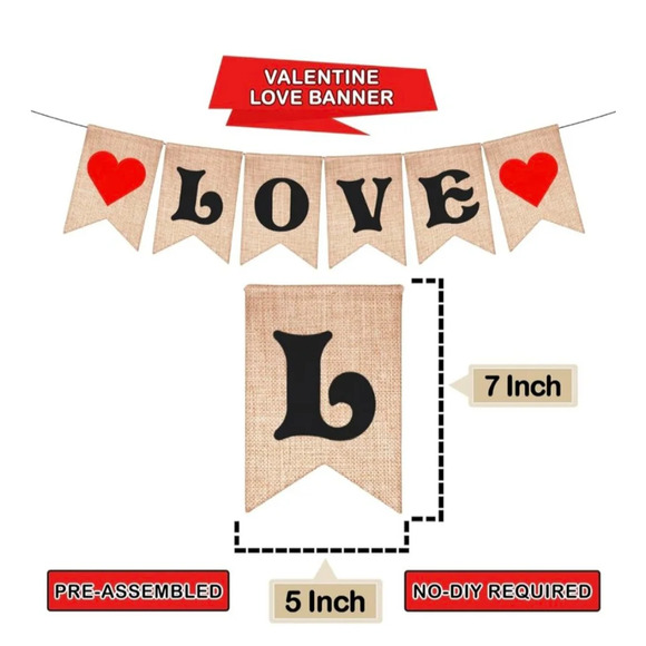 KatchOn Burlap Valentine Banner,‎ 7x5 Inch, Beige & Red - Picture 3 of 8